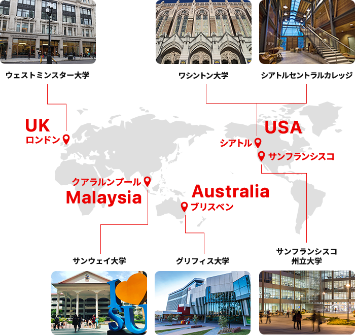 留学提携留学先大学の所在地を示す世界地図と大学リスト